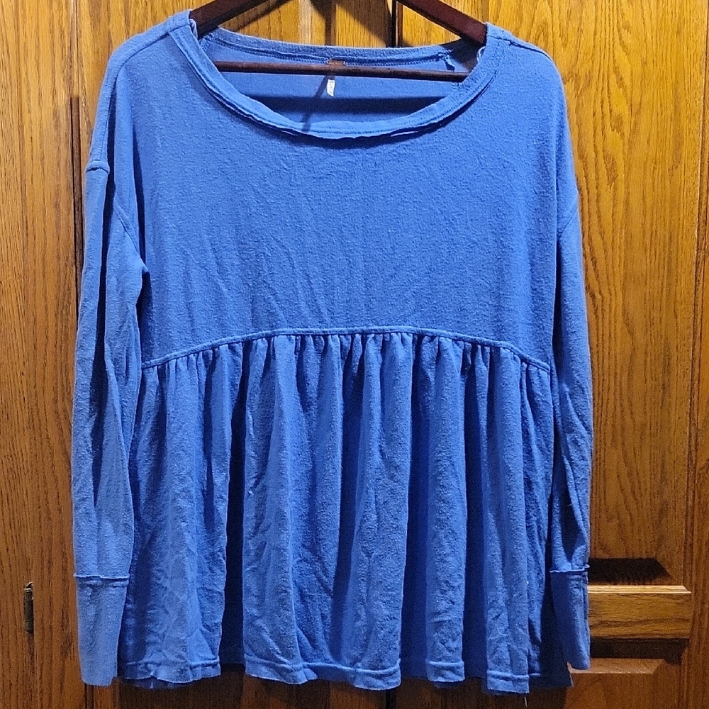 Free People Blue Ruffled Long Sleeve Blouse